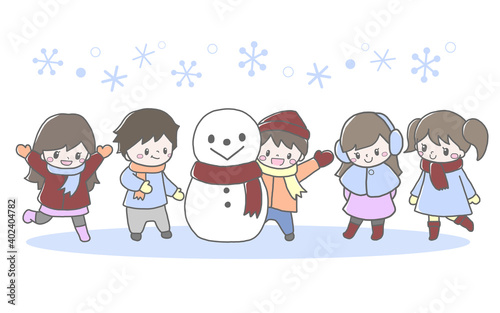 雪遊びするかわいい子ども達と雪だるまの手描き風イラスト