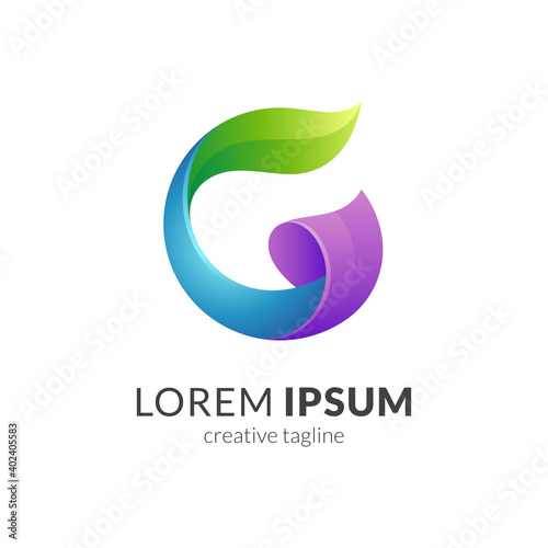 Leaf letter G logo with ribbon 3d shape in multiple gradient color