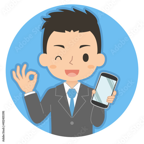 OKサインでスマホを持つ男性　イラスト　アイコン