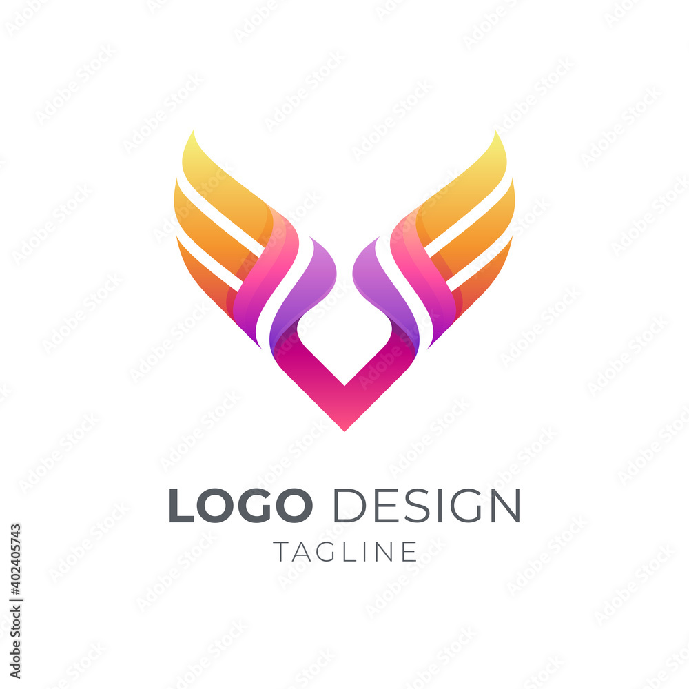 Wing letter V logo with 3d shape in gradient orange and purple color