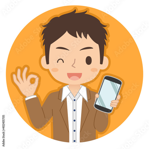 OKサインでスマホを持つ男性　イラスト　アイコン