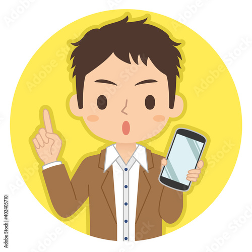指差しポーズでスマホを持つ男性　イラスト　アイコン