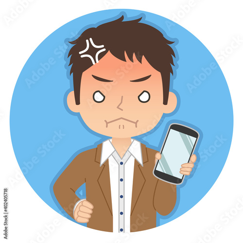 怒った赤い顔でスマホを持つ男性　イラスト　アイコン