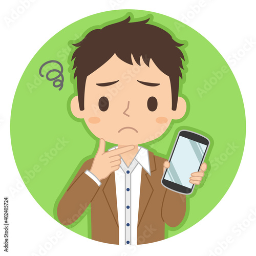 悩み顔でスマホを持つ男性　イラスト　アイコン
