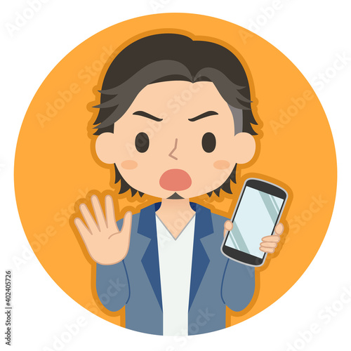 NOサインでスマホを持つ男性　イラスト　アイコン