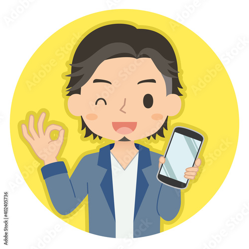 OKサインでスマホを持つ男性　イラスト　アイコン