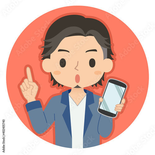 指差しポーズでスマホを持つ男性　イラスト　アイコン