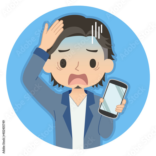焦った青い顔でスマホを持つ男性　イラスト　アイコン