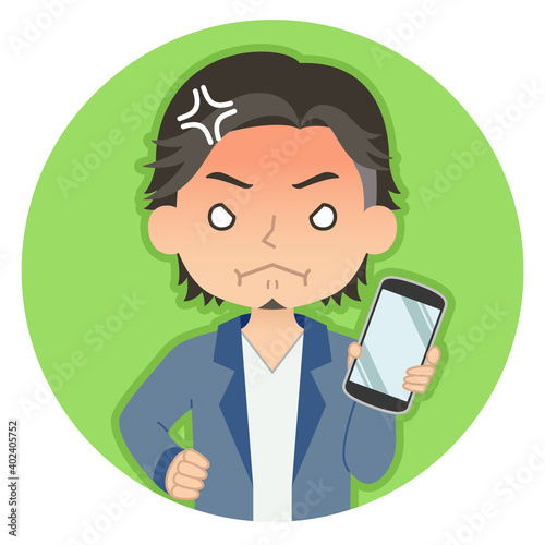 怒った赤い顔でスマホを持つ男性　イラスト　アイコン