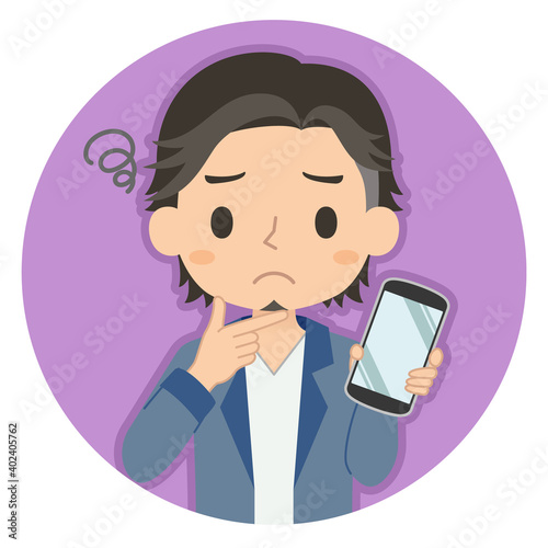 悩み顔でスマホを持つ男性　イラスト　アイコン
