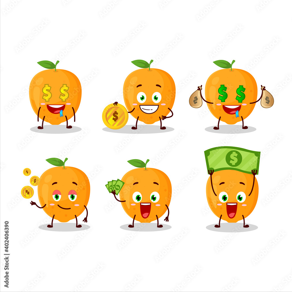 Orange fruit cartoon character with cute emoticon bring money