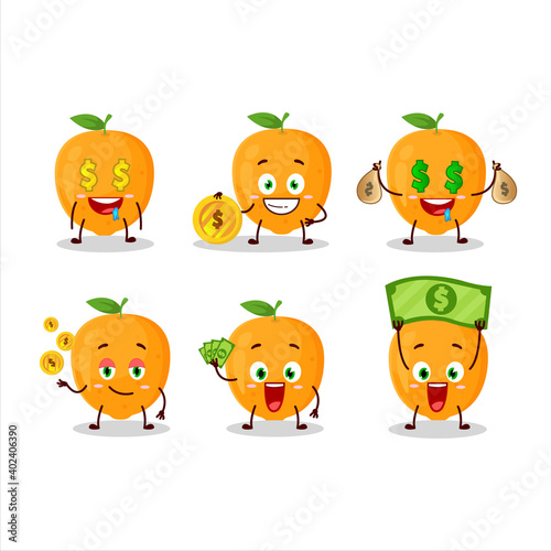 Fototapeta Naklejka Na Ścianę i Meble -  Orange fruit cartoon character with cute emoticon bring money