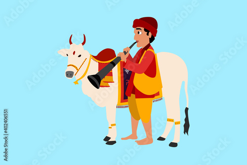 cartoon funny cute south indian traditional village boy with trumpet and hand bag with decorated ox isolated on blue background for Pongal festive celebrations.  
