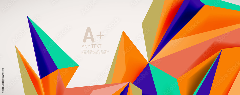 Vector triangle geometric backgrounds. Low poly 3d shape on light backdrop. Vector illustration for covers, banners, flyers and posters and other designs Vector triangle geometric backgrounds. Low poly 3d shape on light backdrop. Vector illustration for covers, banners, flyers and posters and other designs