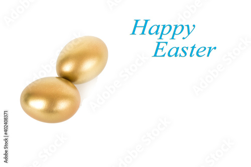 Golden easter eggs isolated on white background. Decorative easter decorations. Easter card. Flat layout.