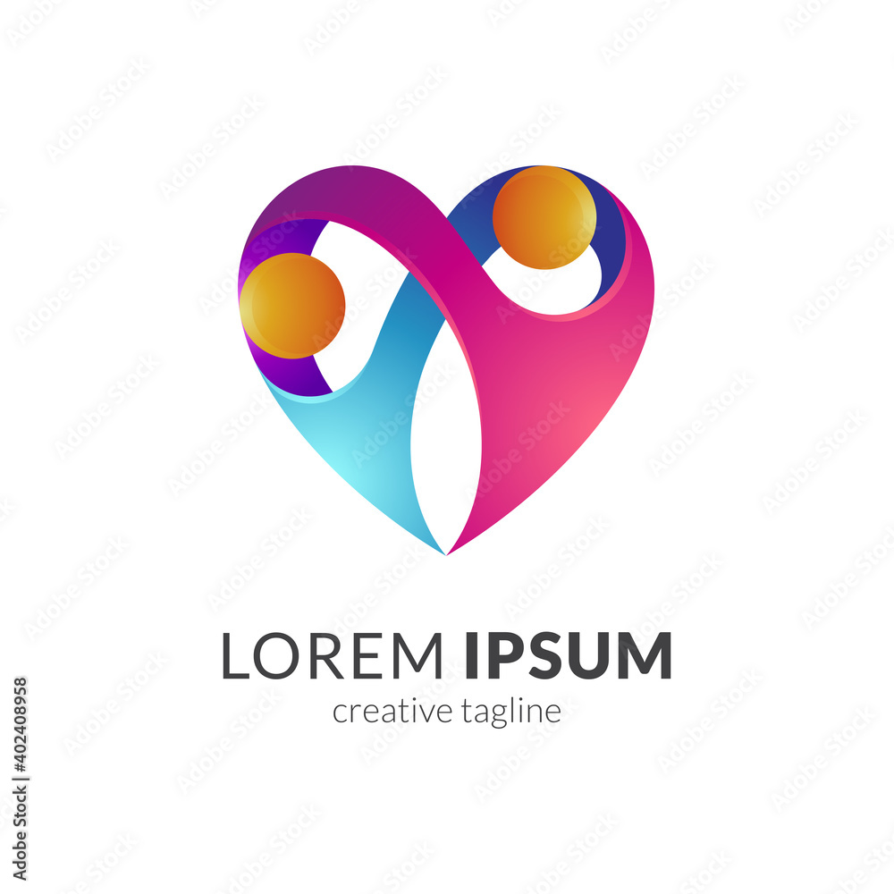 People couple or human love care logo design. Two connected people in heart shape with 3d logo style People couple or human love care logo design. Two connected people in heart shape with 3d logo style