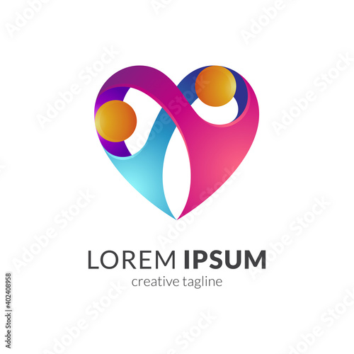 People couple or human love care logo design. Two connected people in heart shape with 3d logo style