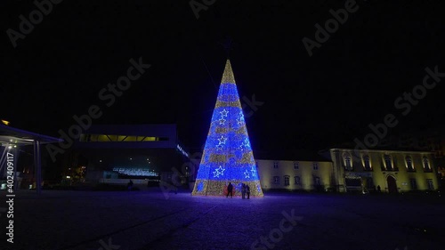 Christmas Tree Lit Up At Night in Castelo Branco city. Portugal. City Holidays photo