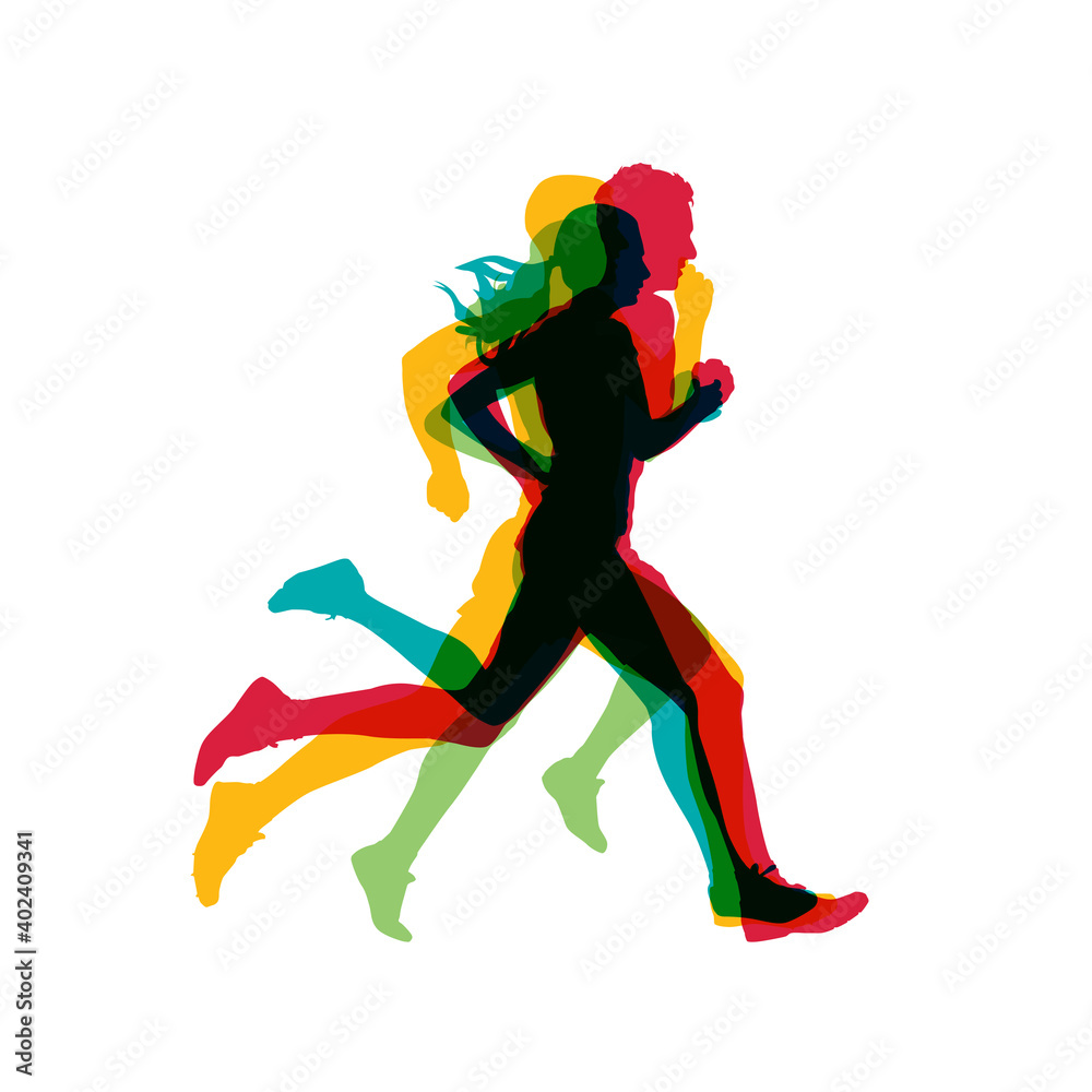 Running people, group of men and women. Runners vector silhouettes