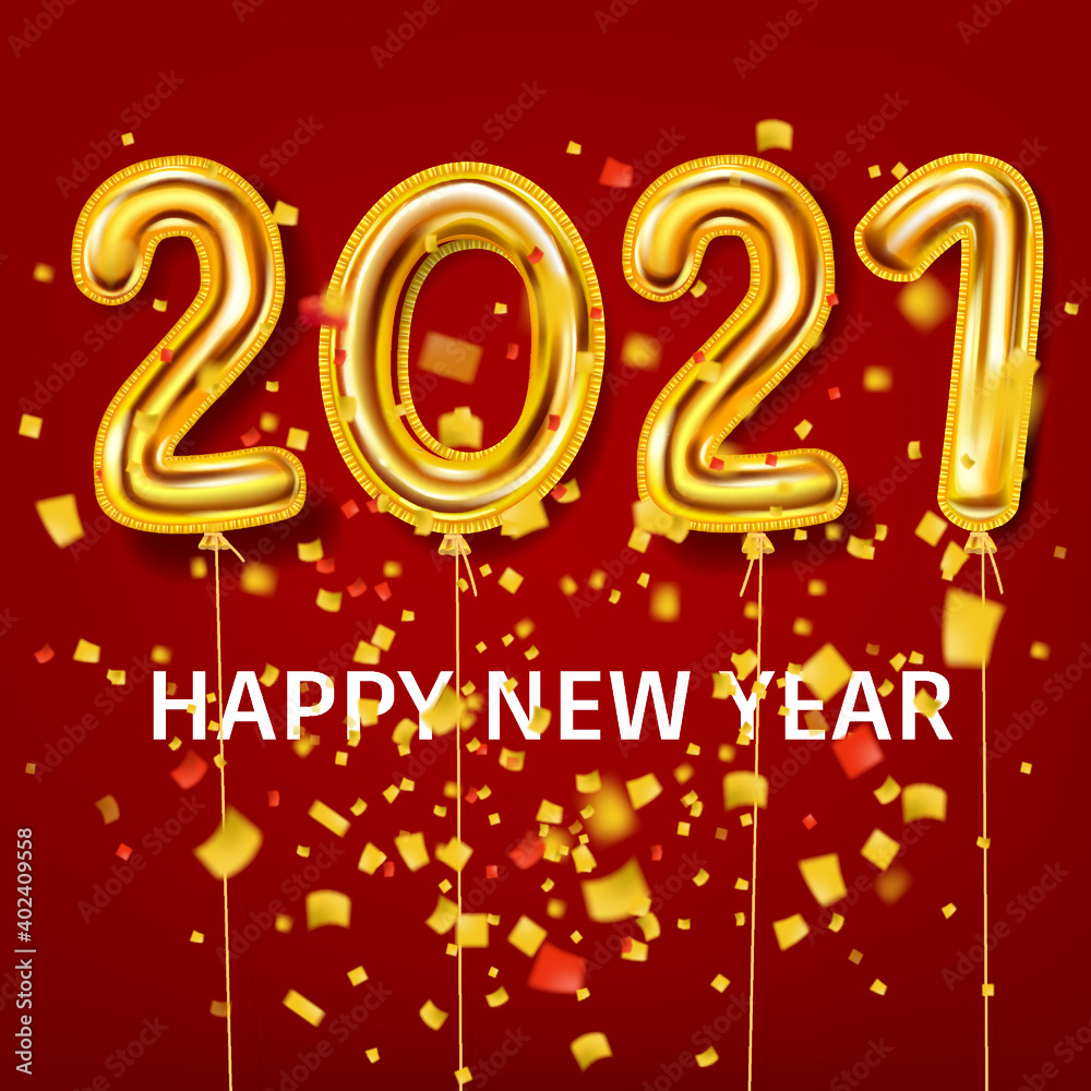 2021 Happy New Year decoration holiday background. Gold realistic 3d balloons foil metallic numbers explosion of glitter gold confetti. Vector illustration celebrate festive party, poster, banner
