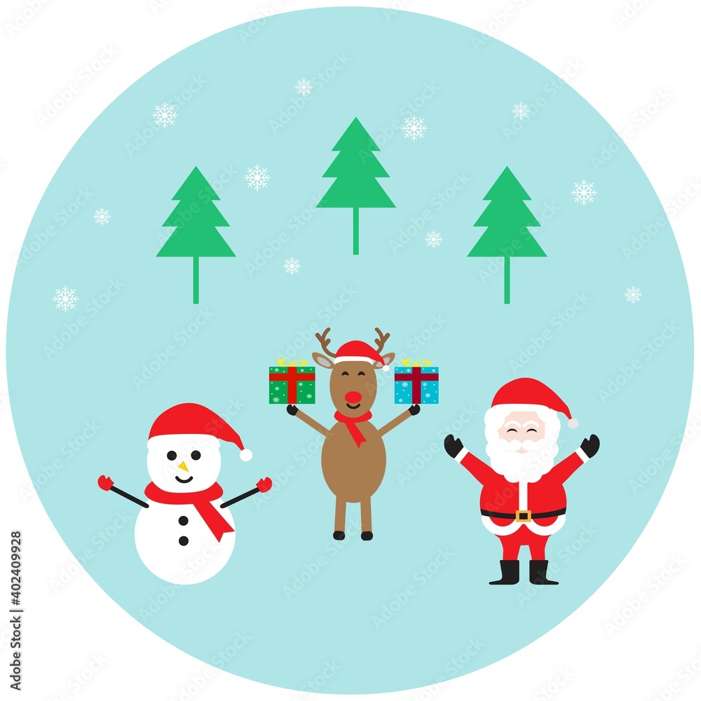 Merry Christmas and Happy New Year with Santa Claus, snowman, reindeer holding gift box, Christmas tree on snowflake background. Merry Christmas and Happy New Year with Santa Claus, snowman, reindeer holding gift box, Christmas tree on snowflake background.