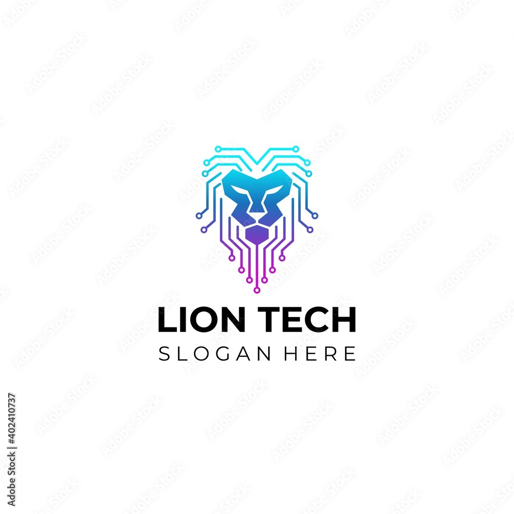 Lion tech logo designs concept vector. Lion head network icon logo template isolated on white background