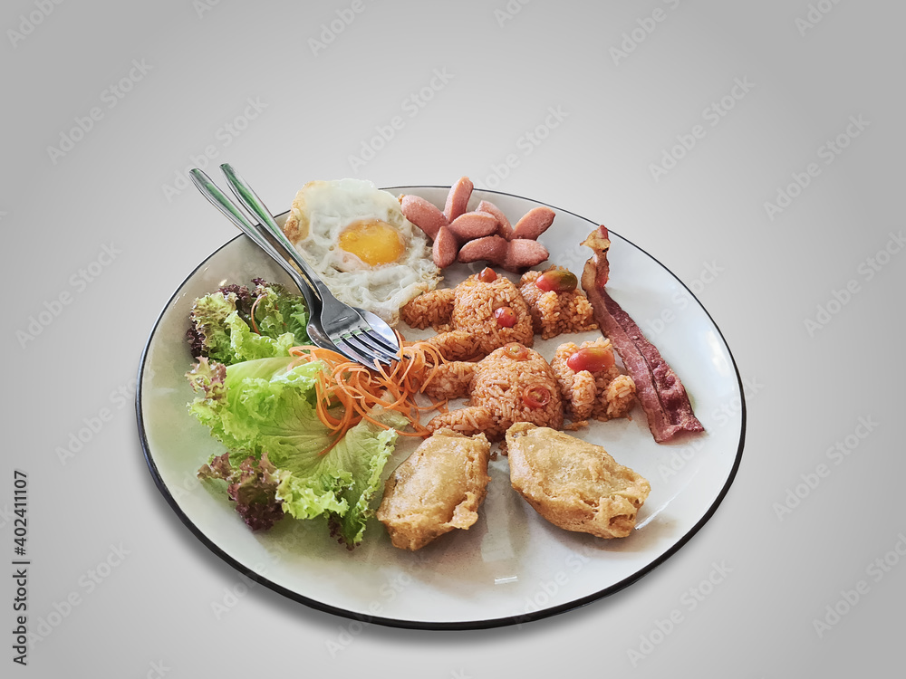 Mixed Ketchup Fried Rice with Rabbit Figure Isolated on Gray Mixed Ketchup Fried Rice with Rabbit Figure Isolated on Gray