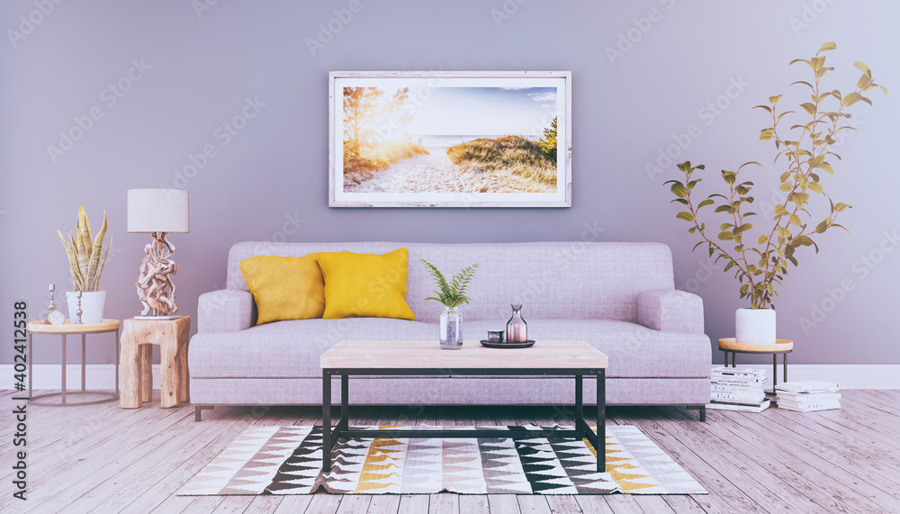 Obraz premium 3d Illustration - Skandinavisches, nordisches Wohnzimmer mit einem Sofa, Tisch und einem Bild an der Wand - Textfreiraum - Platzhalter - Retro Look