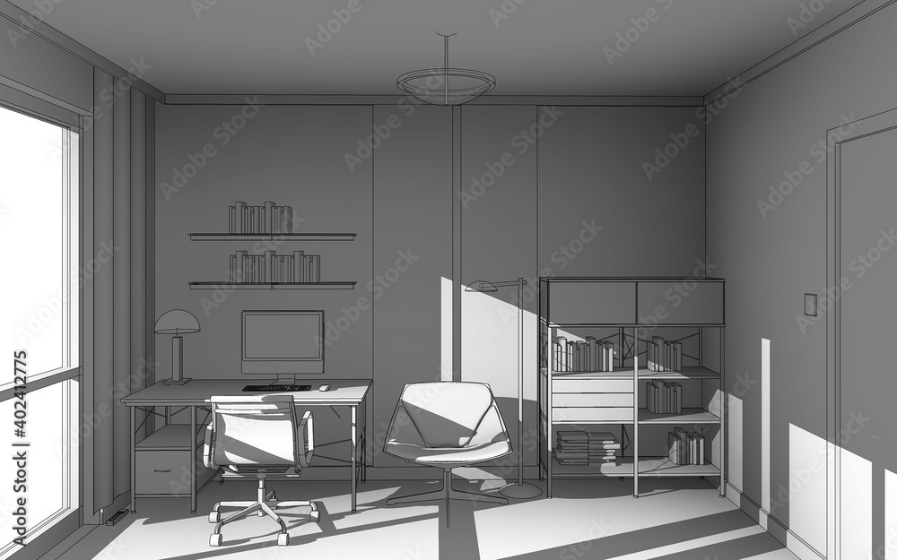 3d illustration of a home-office work area in hidden line style with deep shadows. Working room in a flat. Monochrome scene looking straight from eye level. 