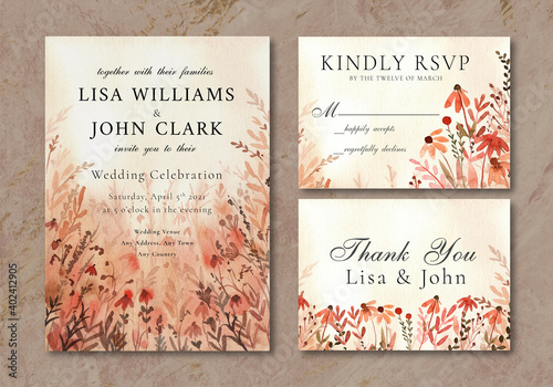 Wedding Invitation Card with Wildflowers Landscape Warm Background