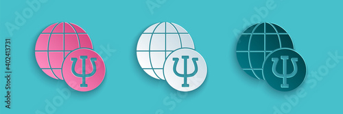 Paper cut Psychology icon isolated on blue background. Psi symbol. Mental health concept, psychoanalysis analysis and psychotherapy. Paper art style. Vector.