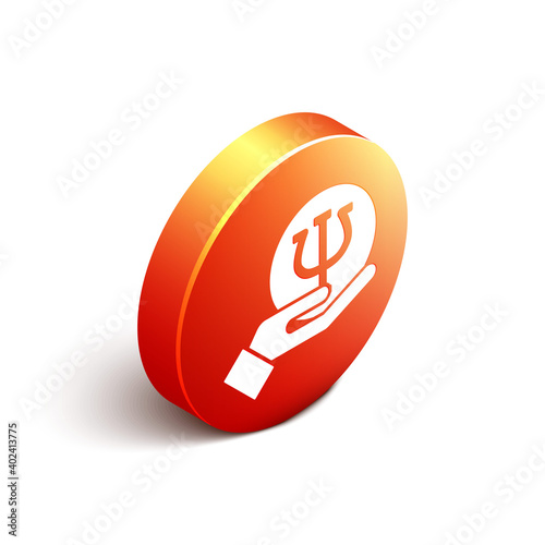Isometric Psychology icon isolated on white background. Psi symbol. Mental health concept, psychoanalysis analysis and psychotherapy. Orange circle button. Vector.
