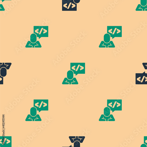 Green and black Web design and front end development icon isolated seamless pattern on beige background. Vector.
