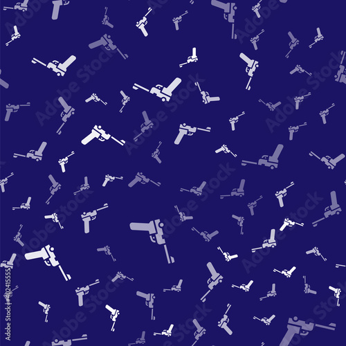 White Mauser gun icon isolated seamless pattern on blue background. Mauser C96 is a semi-automatic pistol. Vector.