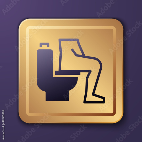 Purple Men sitting on the toilet and Constipation are experiencing severe abdominal pain icon isolated on purple background. Gold square button. Vector.
