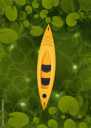 A yellow kayak floats through a swamp with water lily leaves, top view. Landscape of green river or ocher surface with aquatic plants. Vector