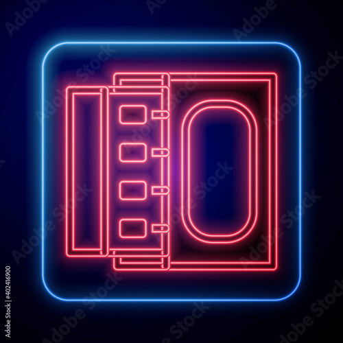 Glowing neon Open matchbox and matches icon isolated on blue background. Vector.
