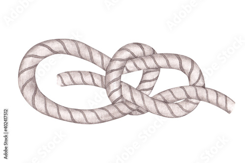 Bowline knot. Nautical knot. Isolated hand painted watercolor illustrations on white background