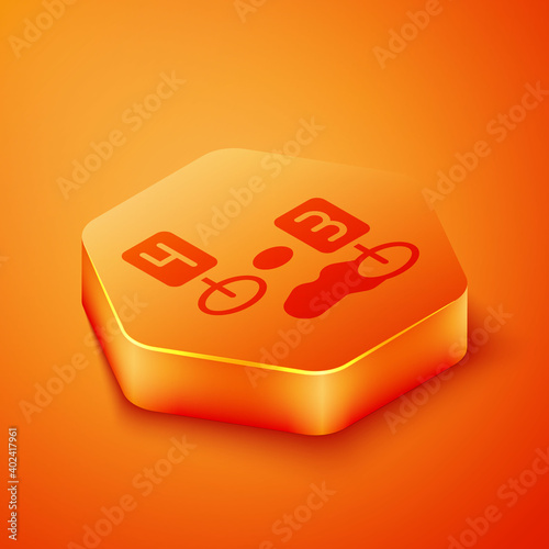 Isometric Marker of crime scene icon isolated on orange background. Orange hexagon button. Vector.