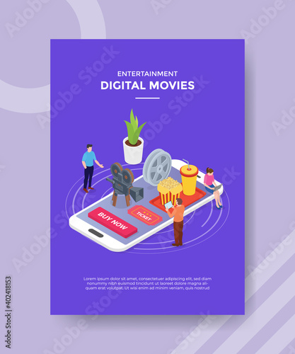 digital movies concept people standing around smartphone camera film strip french fries drink for template of banner and flyer for printing magazine cover and poster with isometric style photo