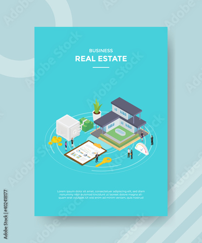 real estate concept people around house home clipboard chart key money vault bank for template of banner and flyer for printing magazine cover and poster with isometric style