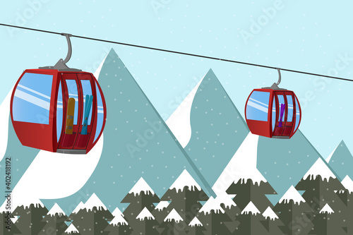 Ski lift gondola with skis and snowboard above the mountain's peak in the Alps. Extreme tourist backgrounds and vector illustrations