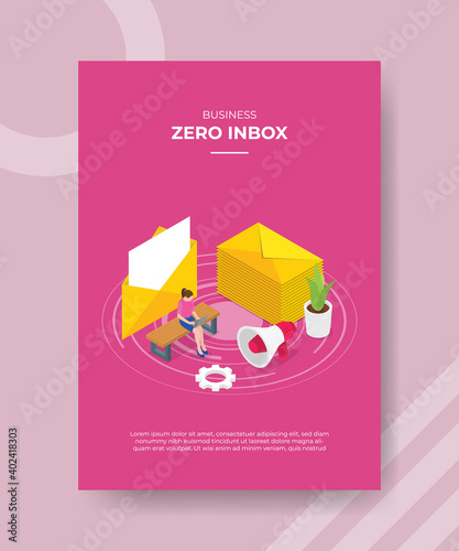 zero inbox concept women use laptop sit on bench around speaker gear setting stack envelope mail email for template of banner and flyer for printing magazine cover and poster with isometric style
