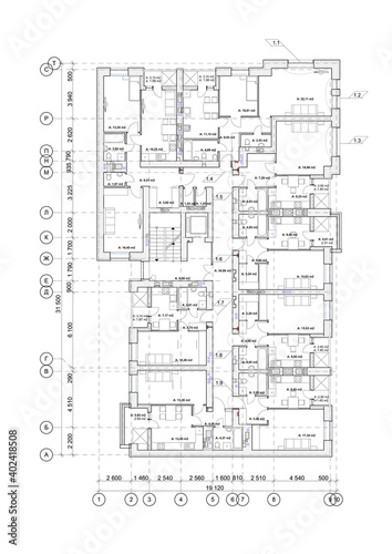 Detailed architectural multistory building floor plan, apartment layout, blueprint. Vector illustration