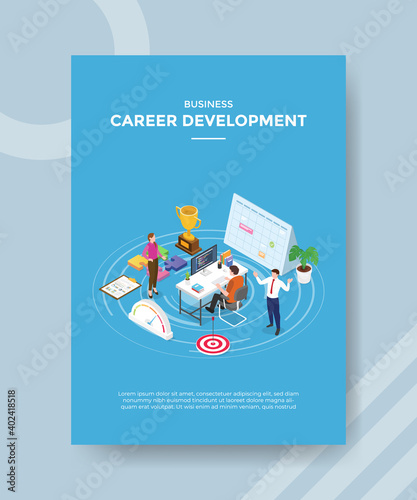 career development concept people standing sitting use desktop computer around calendar or template of banner and flyer for printing magazine cover and poster with isometric style