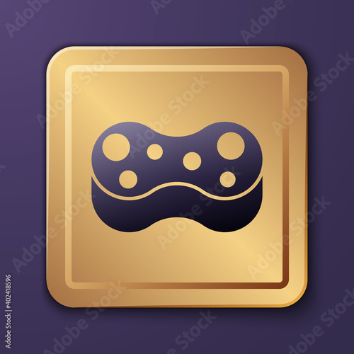 Purple Sponge icon isolated on purple background. Wisp of bast for washing dishes. Cleaning service logo. Gold square button. Vector.