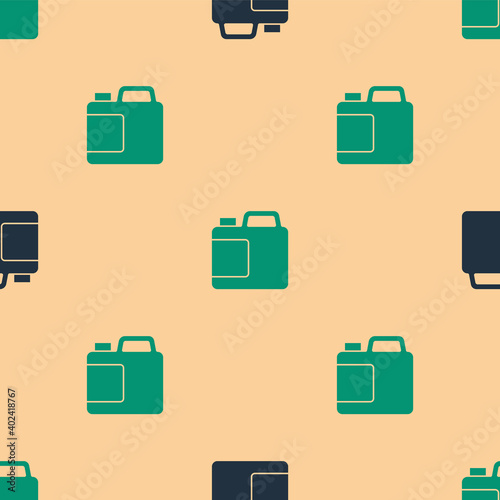 Green and black Plastic bottle for laundry detergent, bleach, dishwashing liquid or another cleaning agent icon isolated seamless pattern on beige background. Vector.