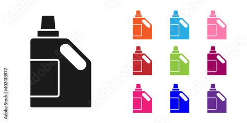 Black Plastic bottle for laundry detergent, bleach, dishwashing liquid or another cleaning agent icon isolated on white background. Set icons colorful. Vector.