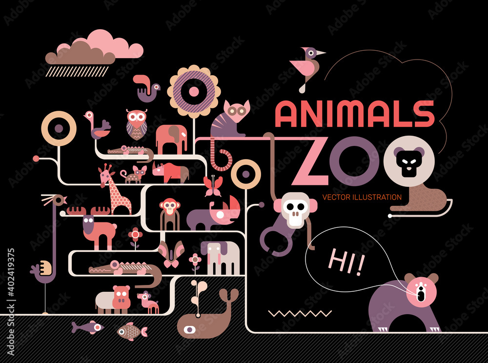 Fototapeta premium Vector illustration with many different icons of animals, birds and fish on a black background. Concept design of Zoo Animals.