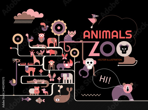 Vector illustration with many different icons of animals  birds and fish on a black background. Concept design of Zoo Animals.